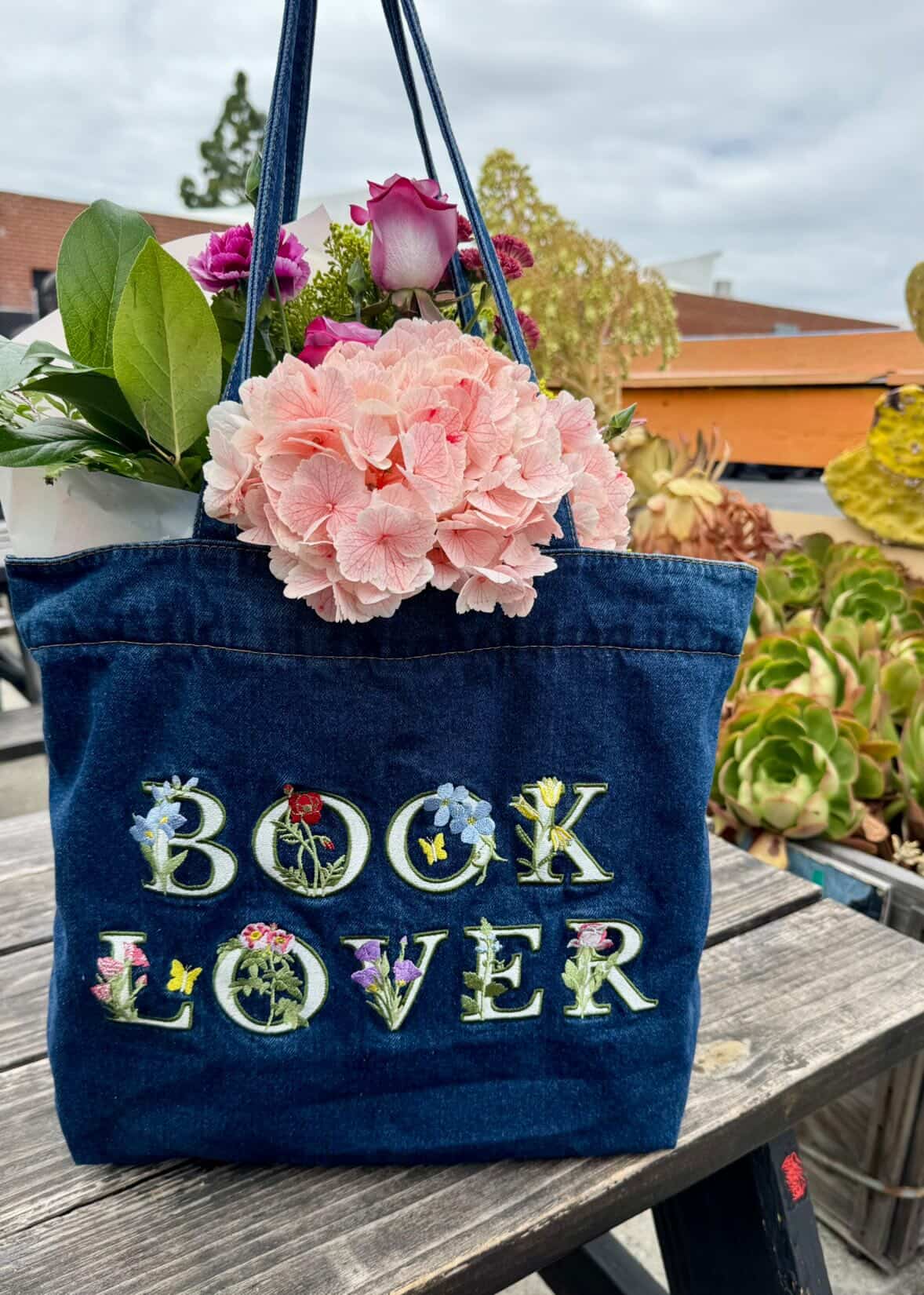 Embroidered Denim Book Lover Tote Bag, Bookish Book Bag, Gift for Reader, Romantasy, Romance Reader