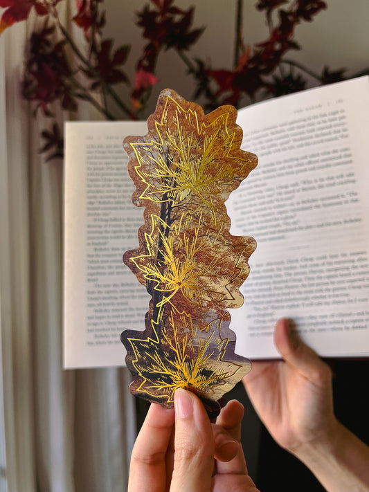 Autumn Falling Leaves Gold Foil Bookmark