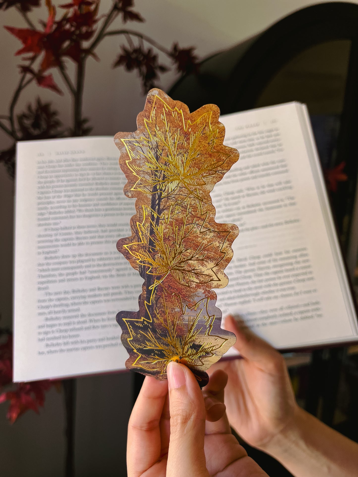 Autumn Falling Leaves Gold Foil Bookmark