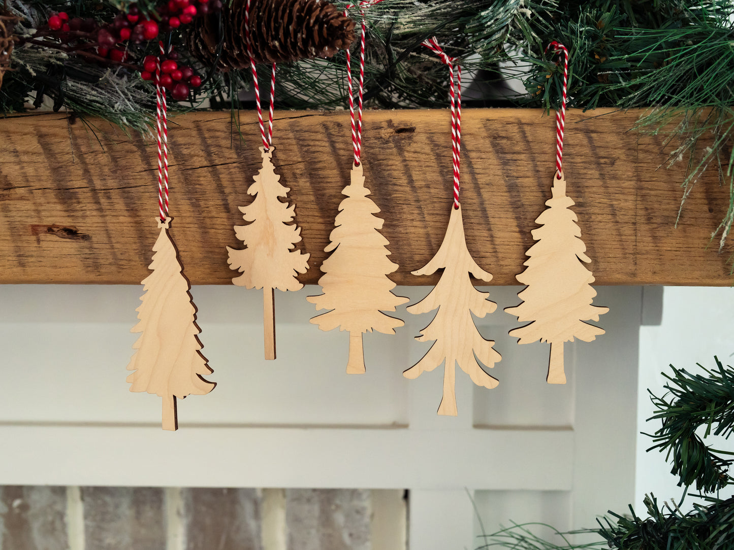 Set of Wood Tree Christmas Ornaments