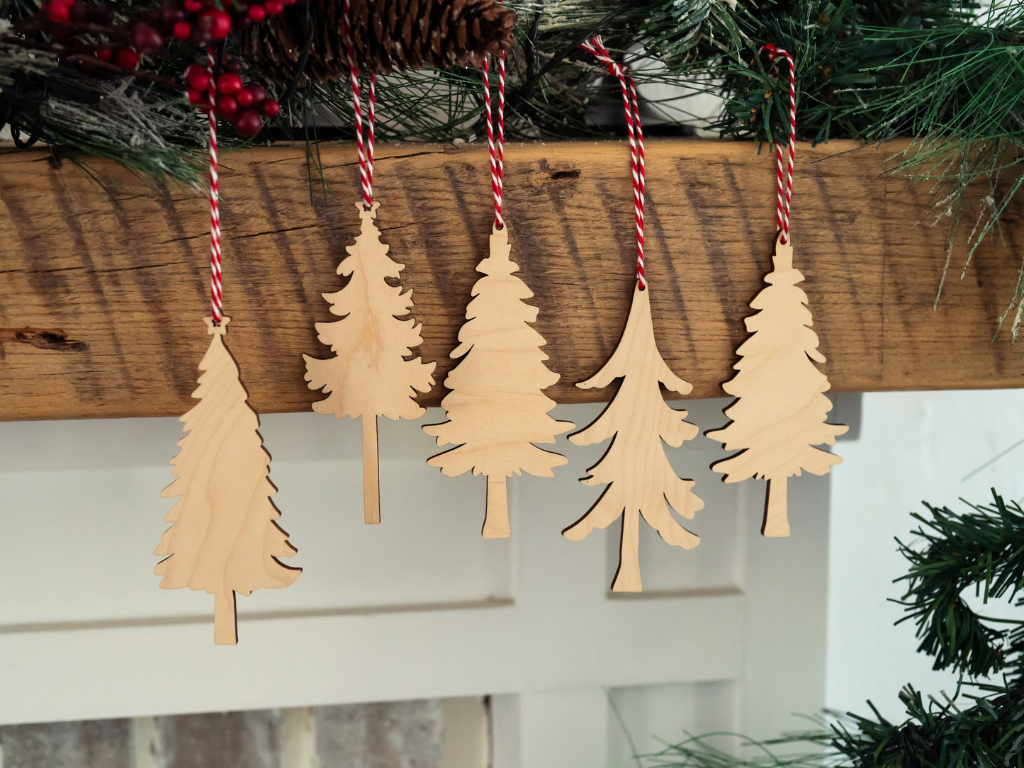 Set of Wood Tree Christmas Ornaments