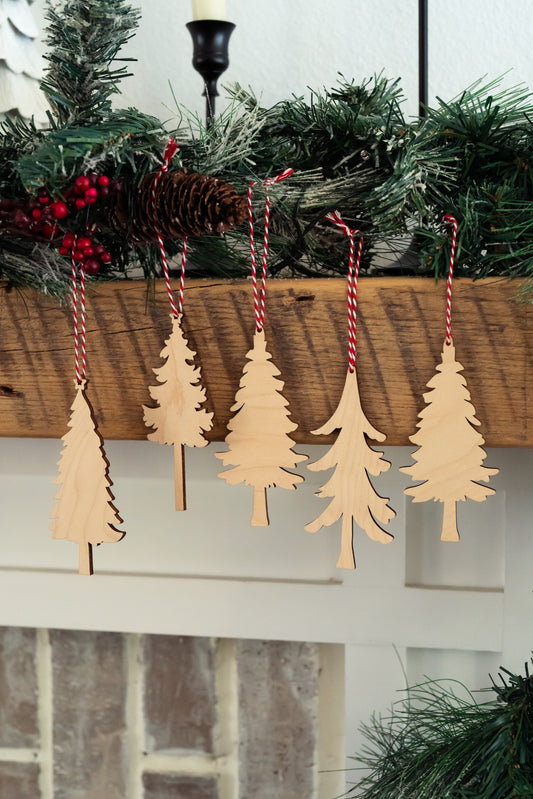 Set of Wood Tree Christmas Ornaments