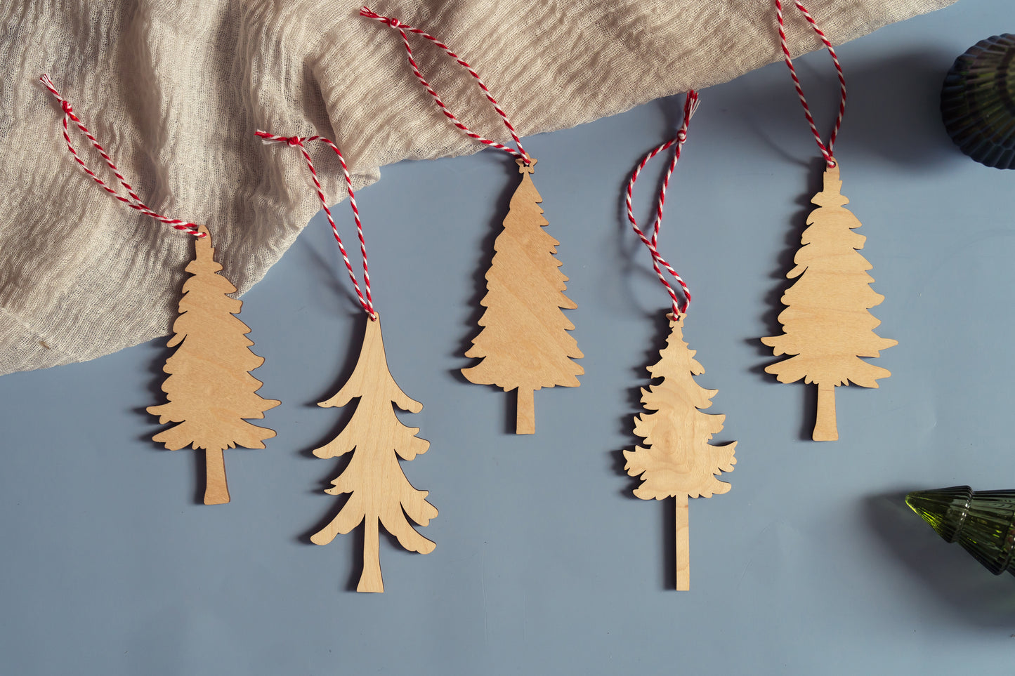 Set of Wood Tree Christmas Ornaments