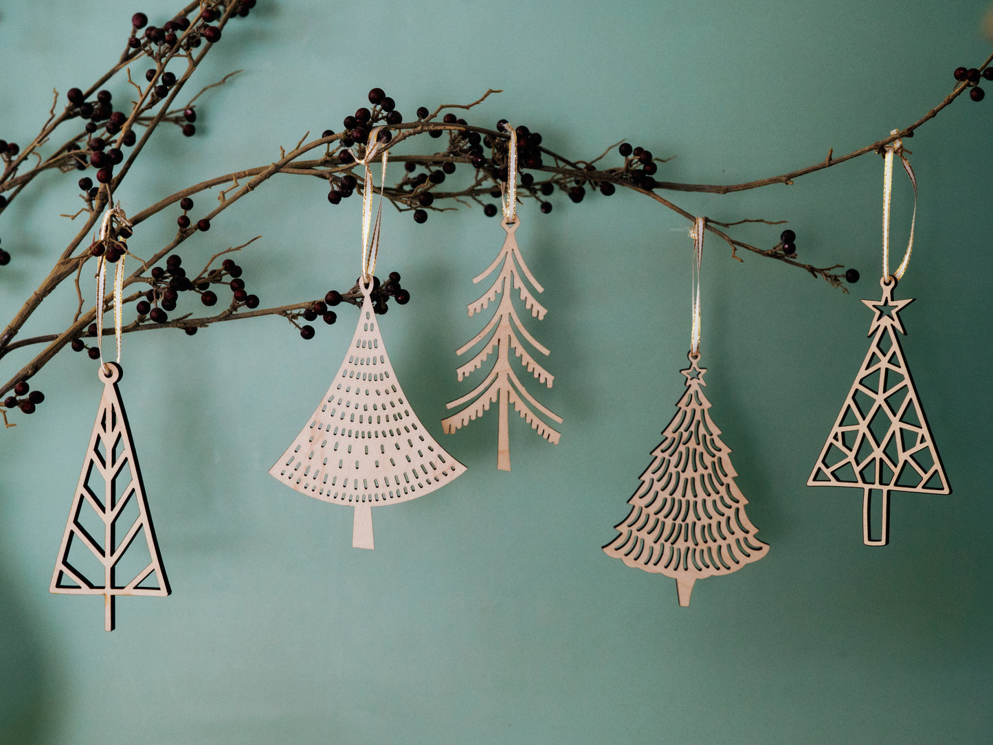 Set of Wood Tree Christmas Ornaments