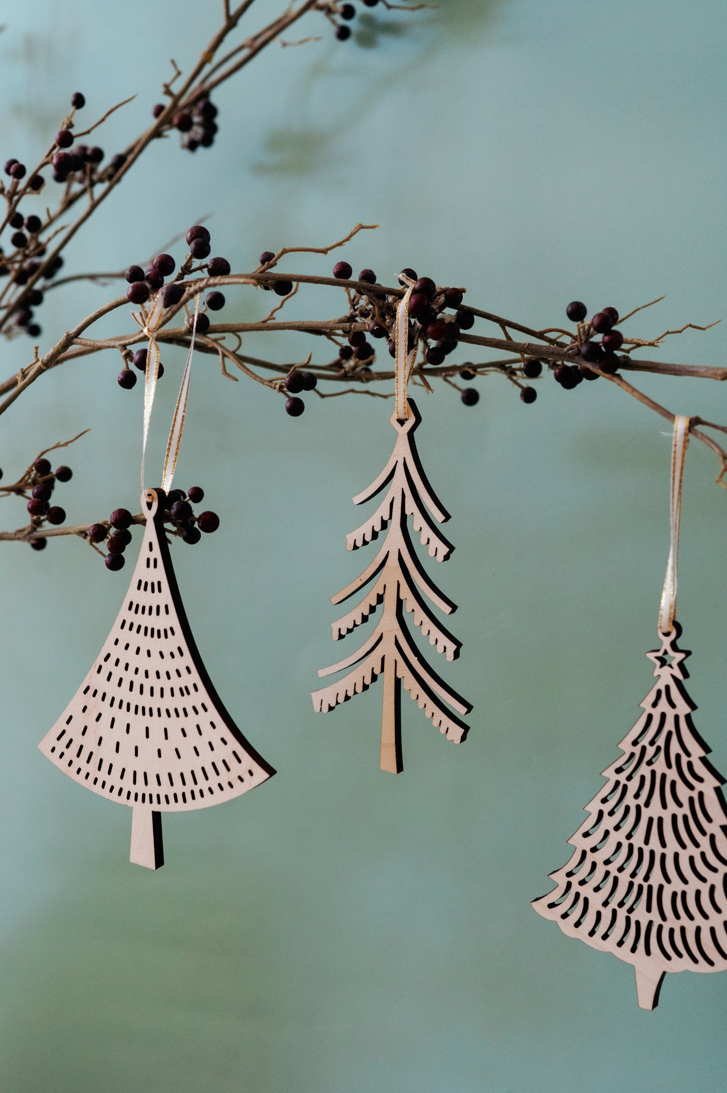 Set of Wood Tree Christmas Ornaments