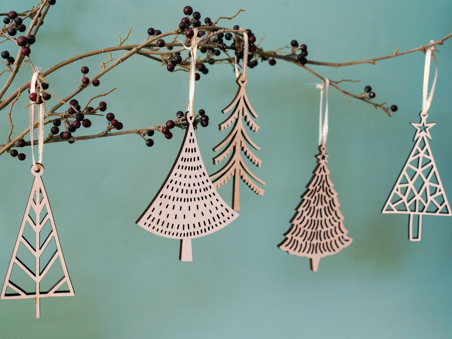 Set of Wood Tree Christmas Ornaments