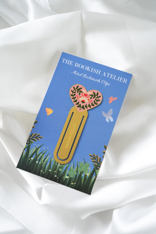 Pink Floral Heart Metal Bookmark Clip