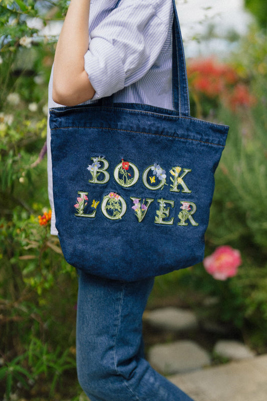 Embroidered Denim Book Lover Tote Bag, Bookish Book Bag, Gift for Reader, Romantasy, Romance Reader