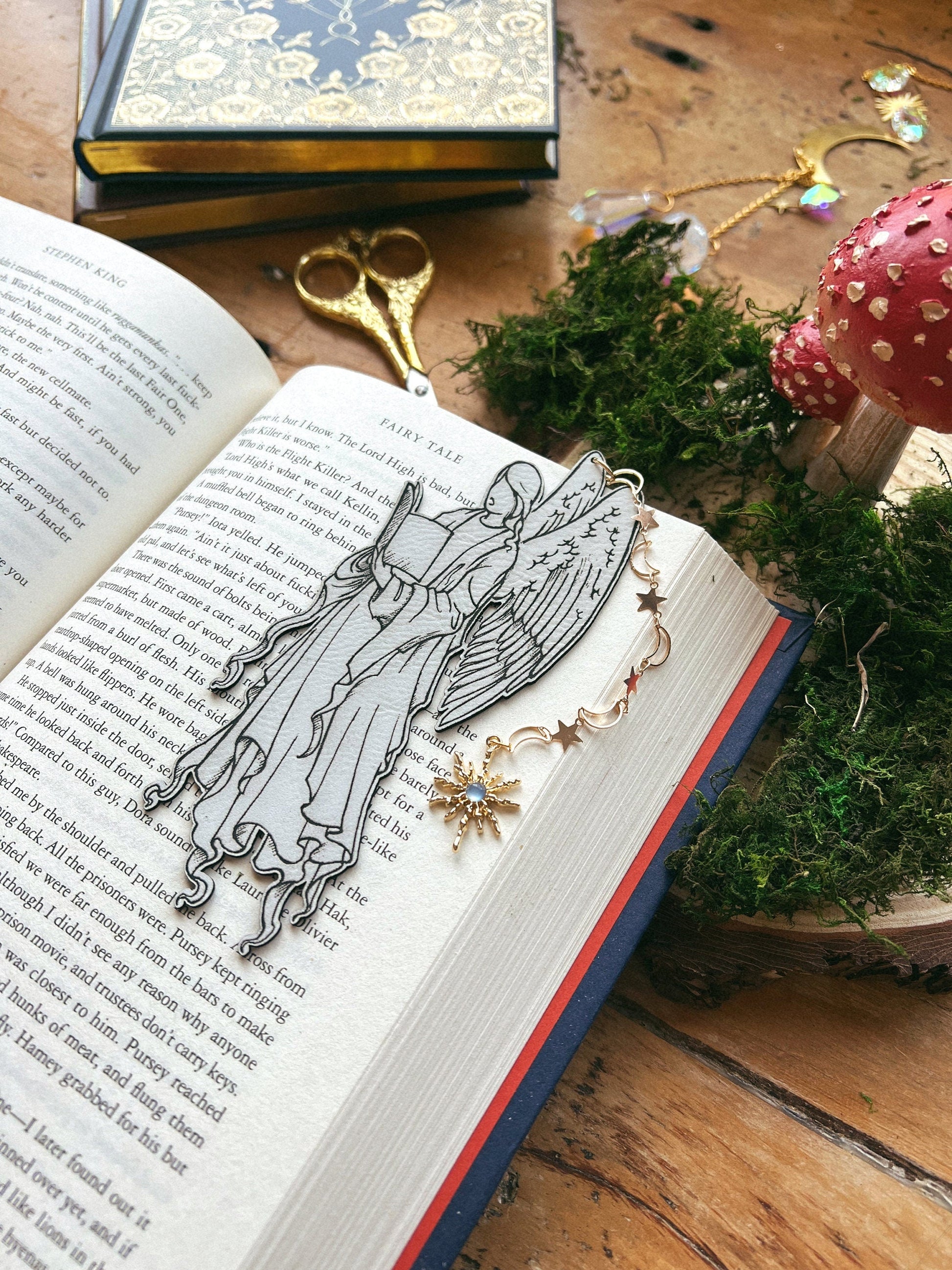 Fantasy Reading Angel Faux Leather Bookmark, Fantasy Bookmark, Elven-Inspired Bookmark, Gift for Readers, Celestial Bookmark